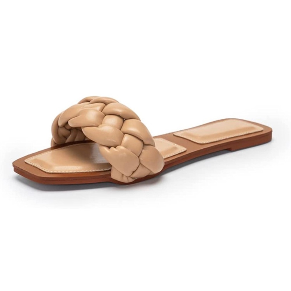 Womens Square Open Toe Flat Sandals Slip On Mule Slides Braided Strap Slipper